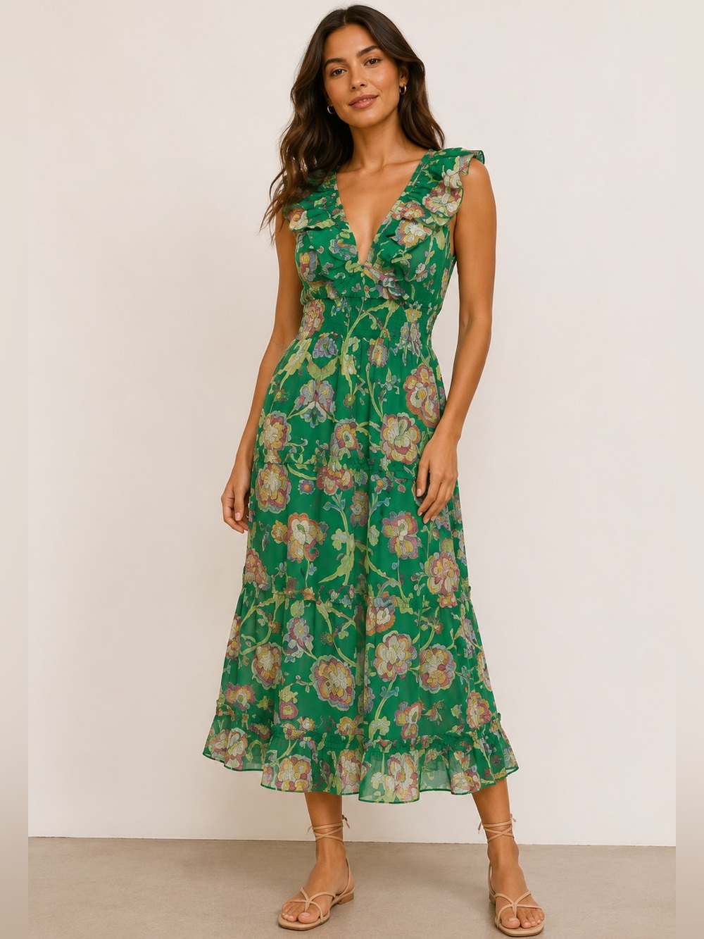 Caroline Constas Smocked Maxi Dress Green Floral Print Ruffles Cotton XS $495